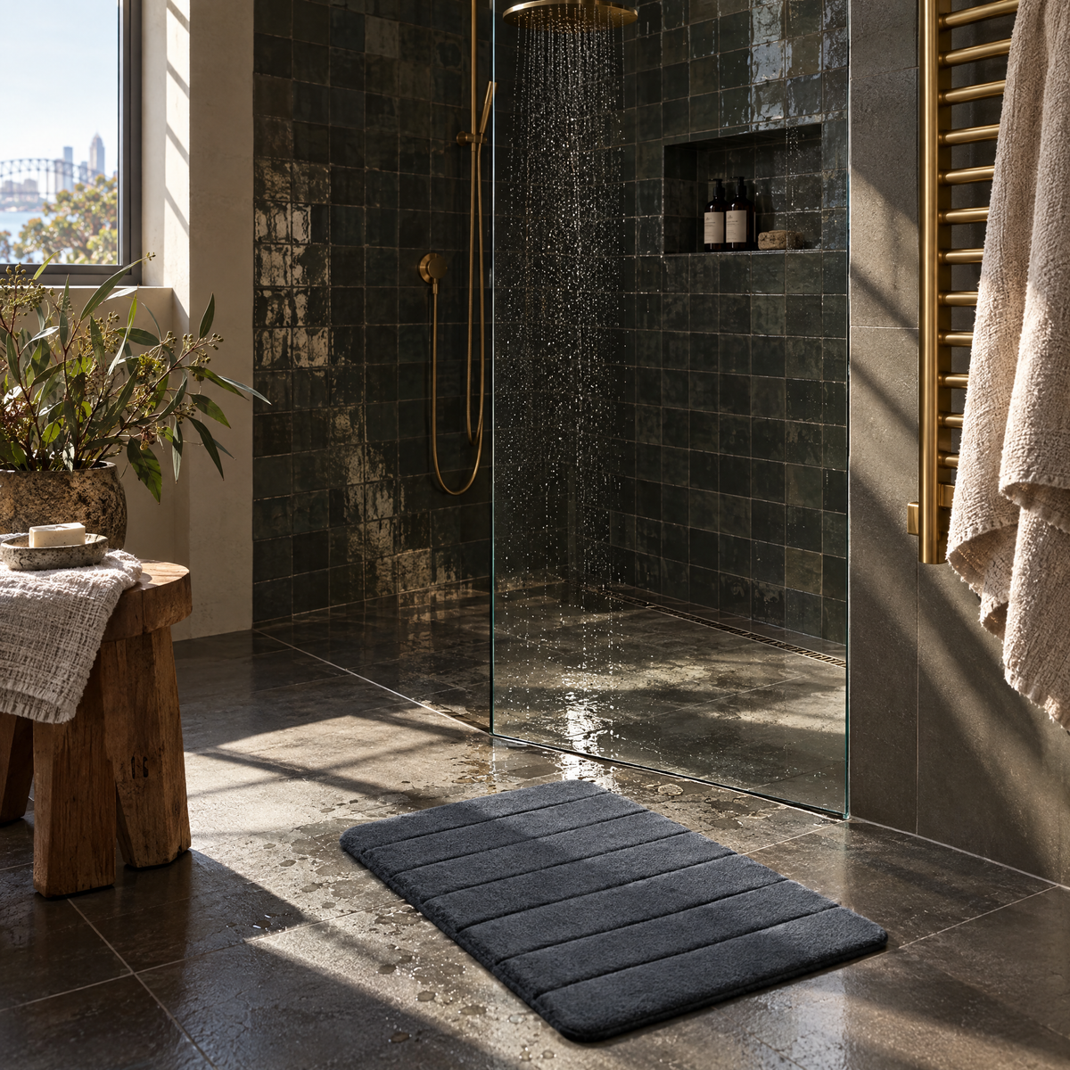 Dark grey plush bath mat outside a walk-in shower