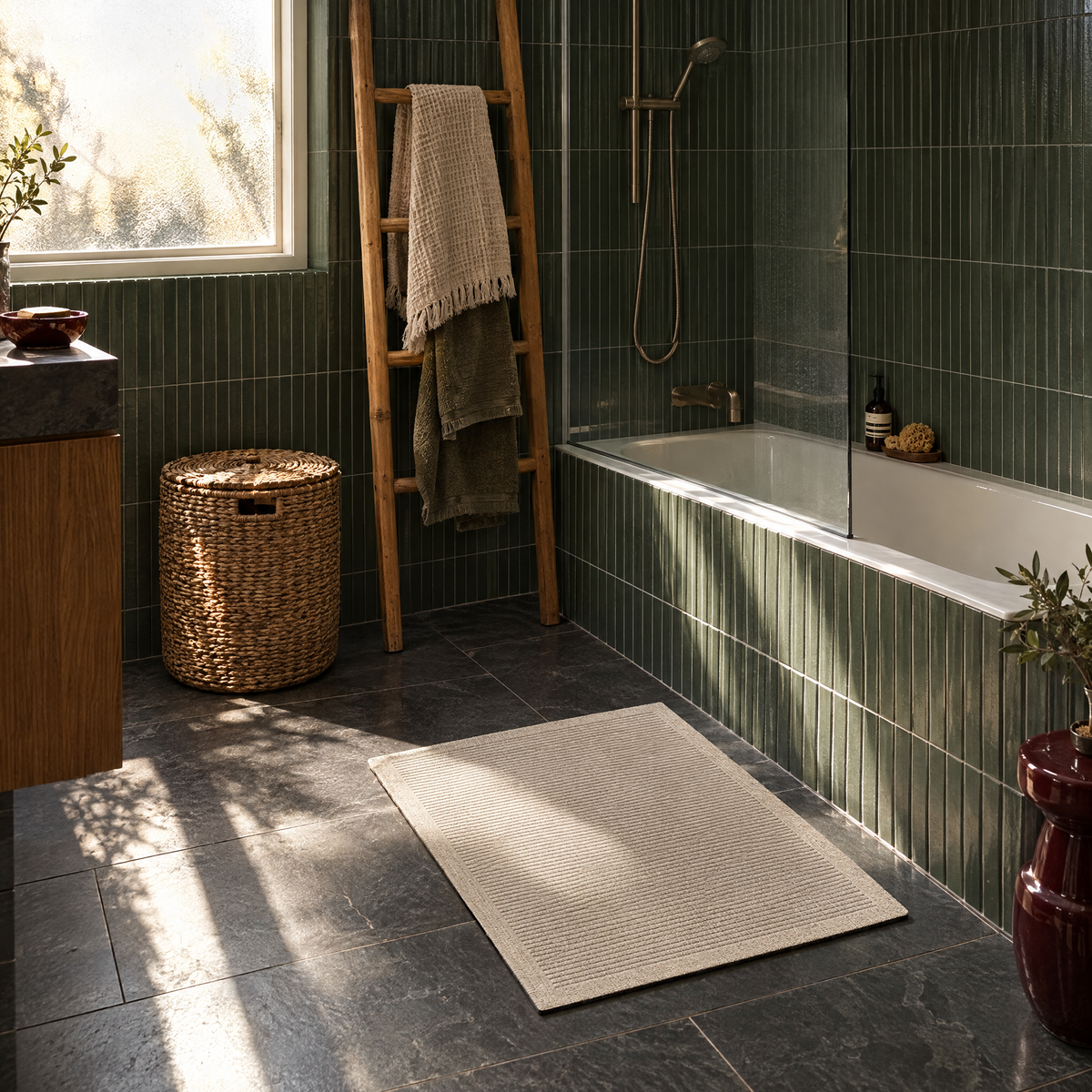 Beige woven quick-dry bath mat beside the bath in a family bathroom