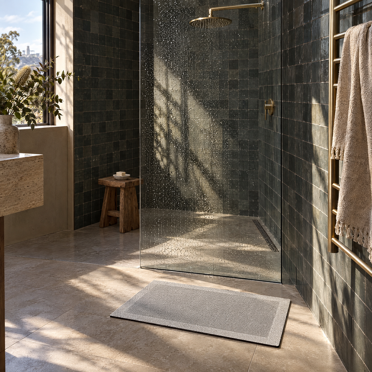 Light grey quick-dry bath mat outside a walk-in shower