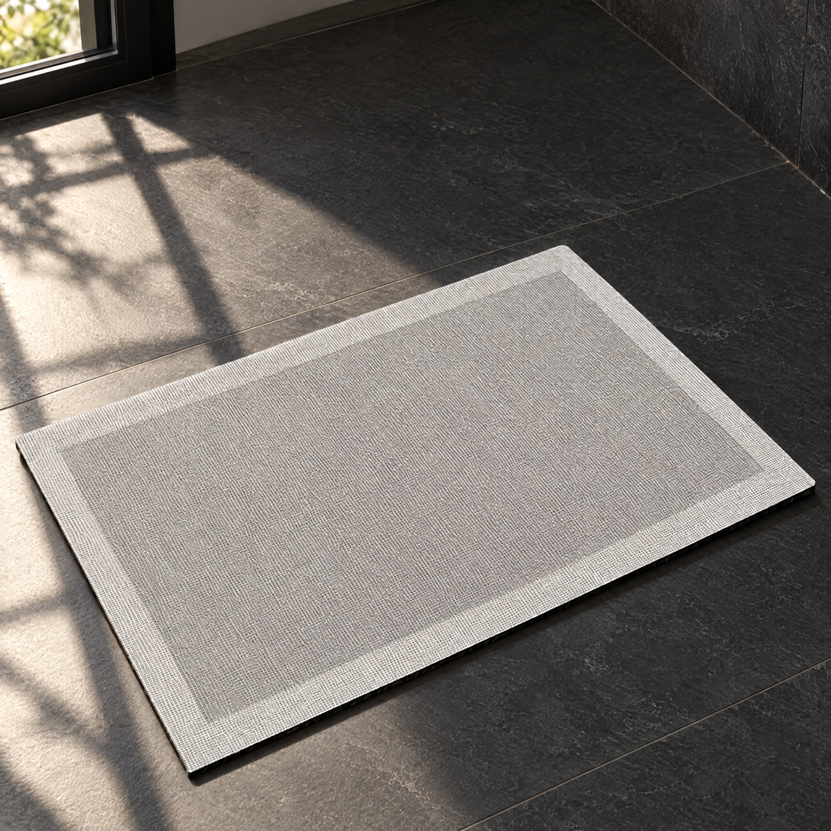 Light grey quick-dry bath mat on a sunlit dark slate bathroom floor