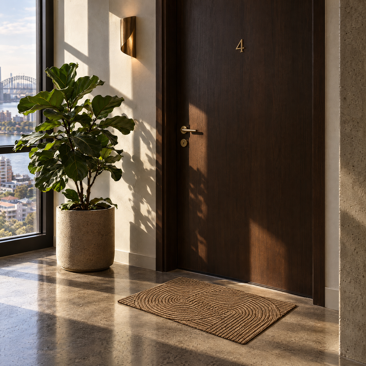 Khaki non-slip door mat at an apartment front door