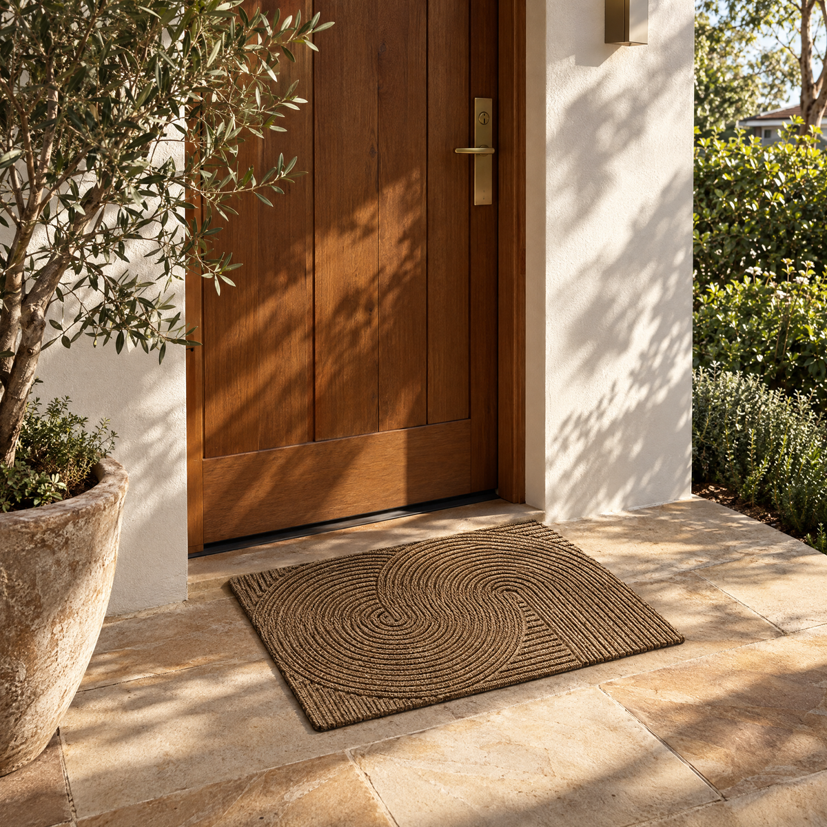 Khaki non-slip door mat on a sandstone front porch