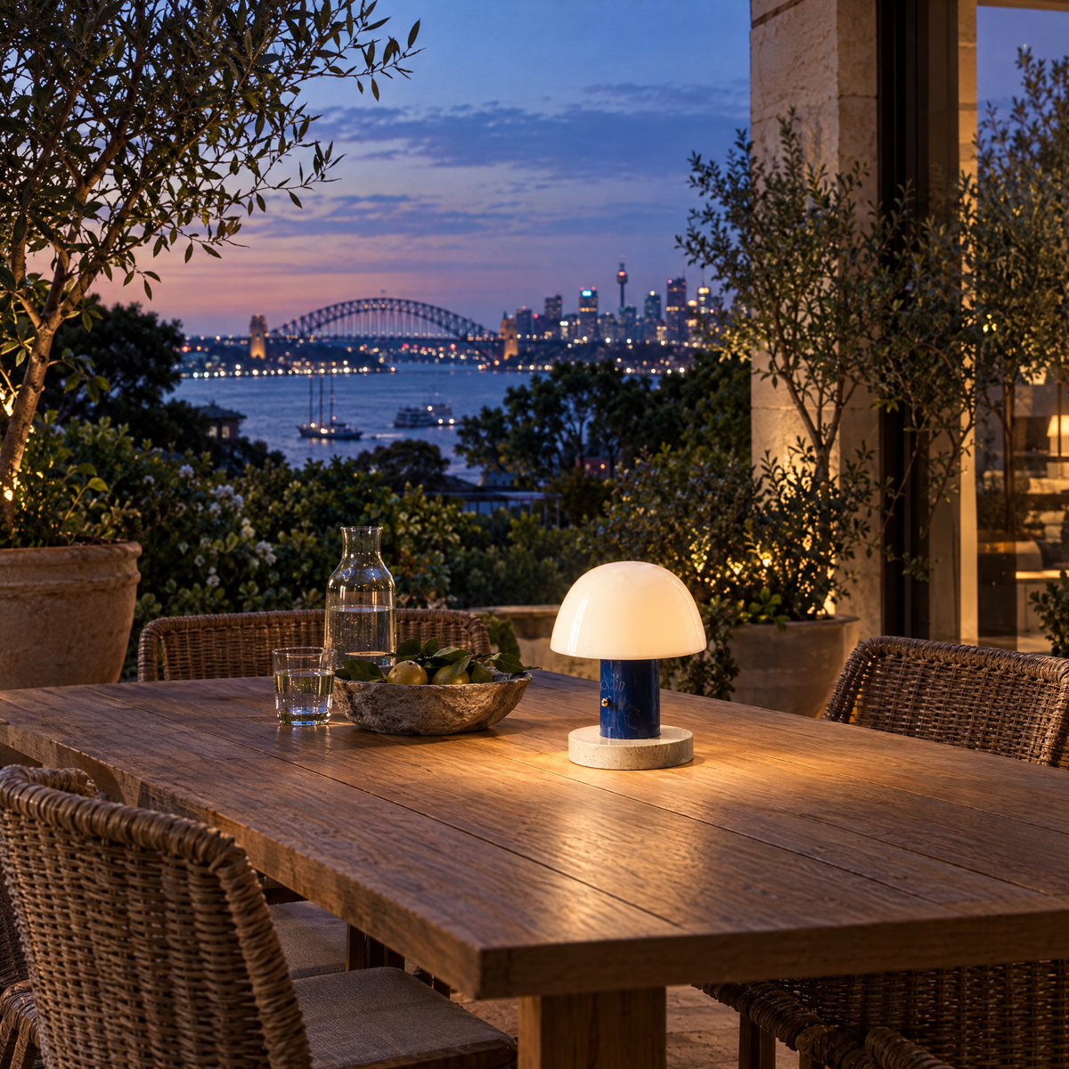 Blue cordless mushroom lamp on an outdoor terrace table at dusk