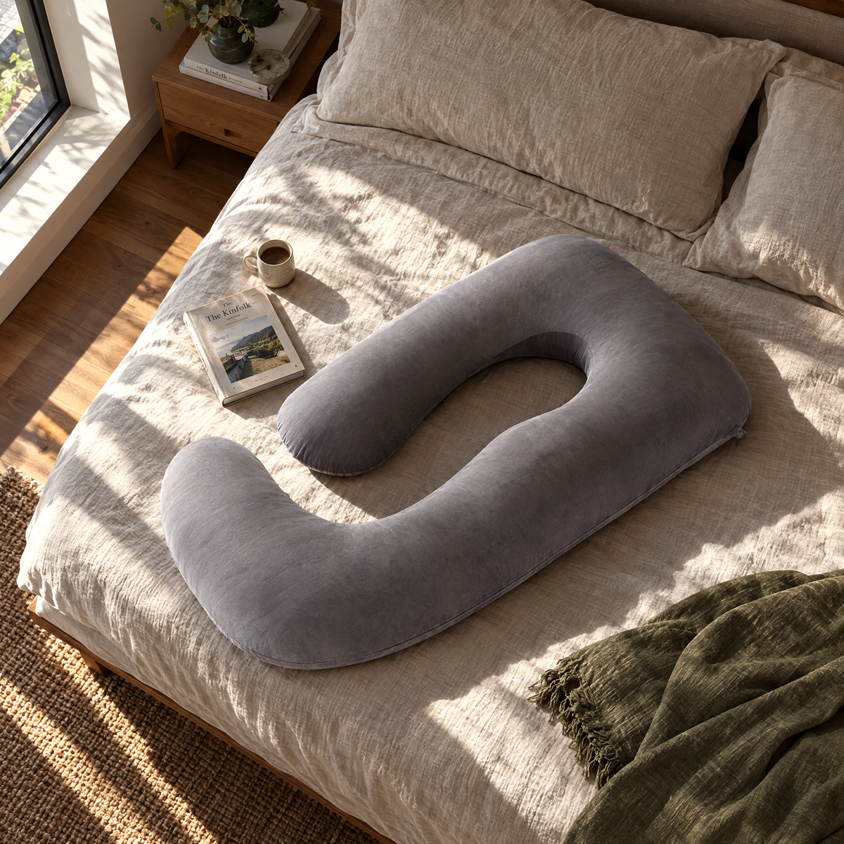 Grey U-shape pregnancy pillow on a linen bed from above