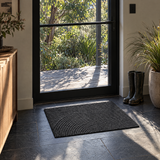 Grey non-slip door mat at a steel-framed back door to the garden