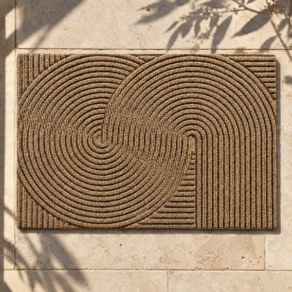 Khaki non-slip door mat on sunlit limestone porch pavers