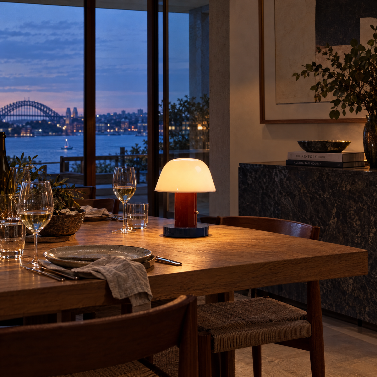 Red cordless mushroom lamp on a dining table at dusk