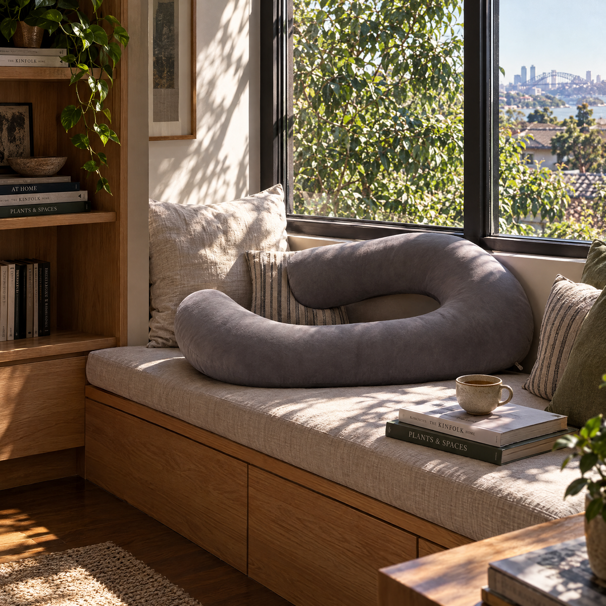 Grey U-shape pregnancy pillow as a backrest on a window seat reading nook