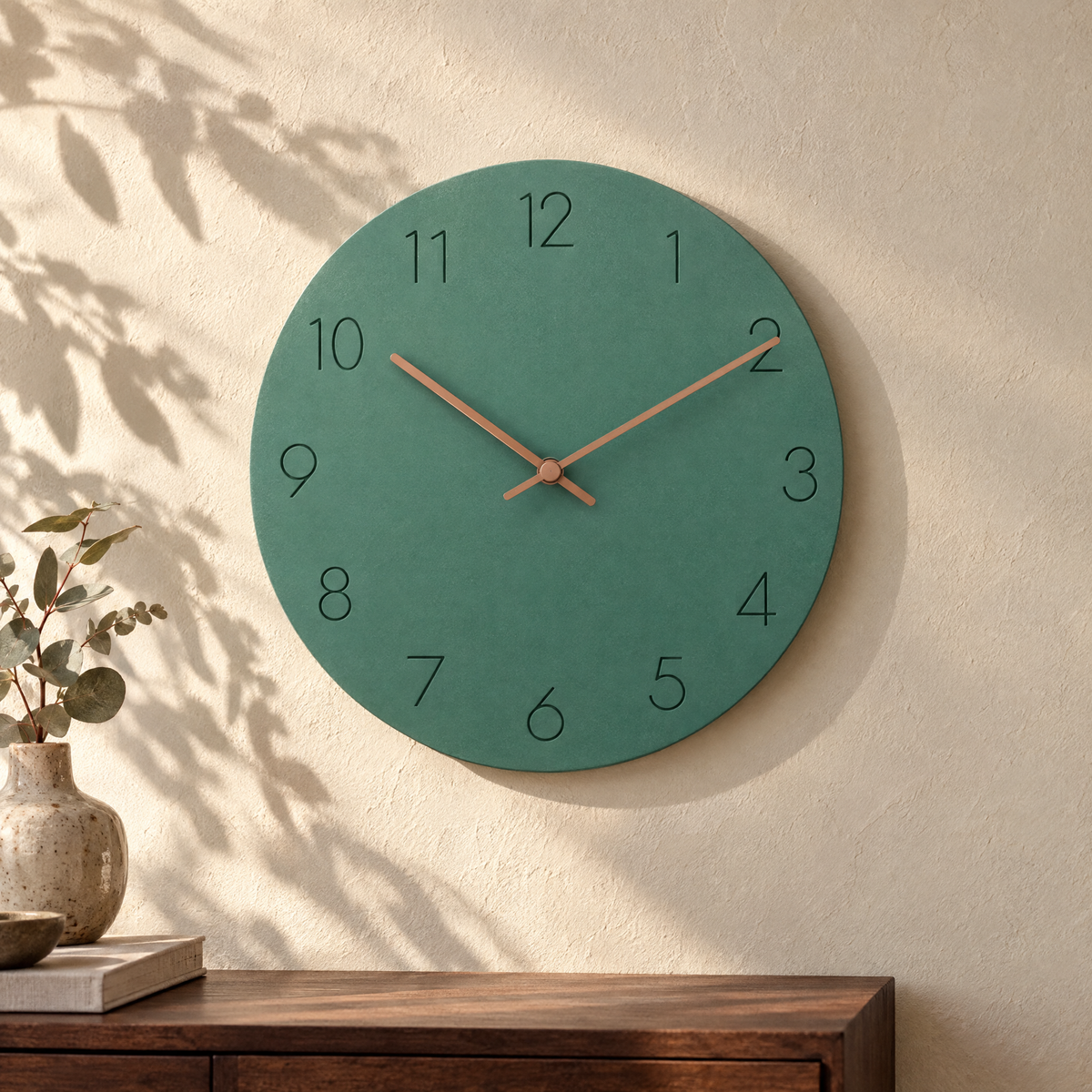 Nork minimalist wall clock in green on a sunlit plaster wall