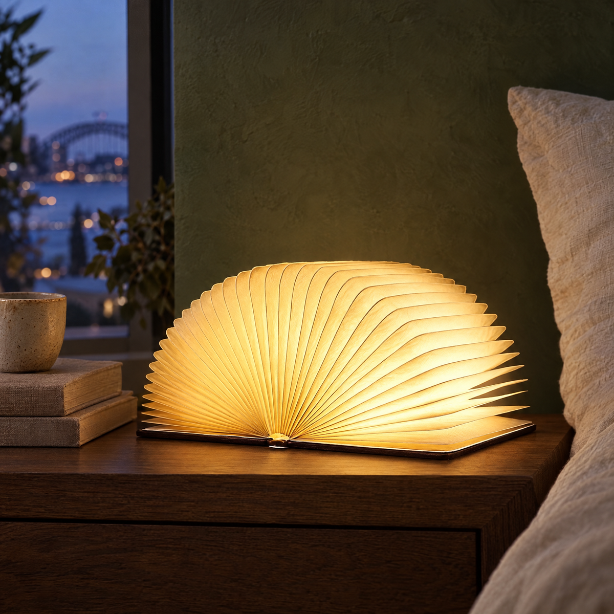 Lumibook foldable book lamp with brown covers glowing on a bedside table