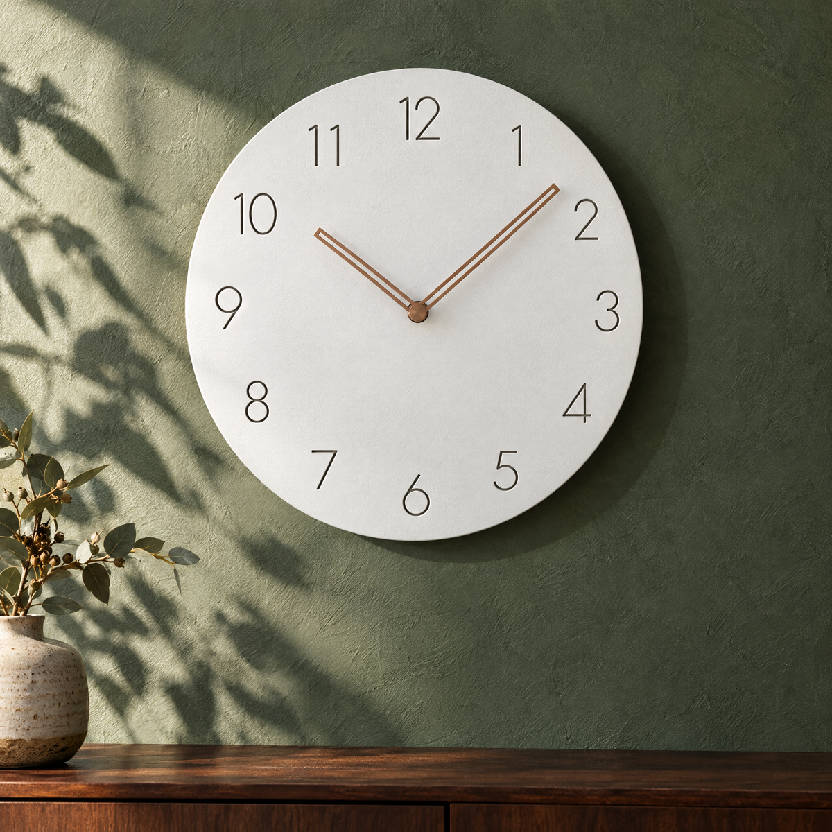 Nork minimalist wall clock in white on a deep green plaster wall
