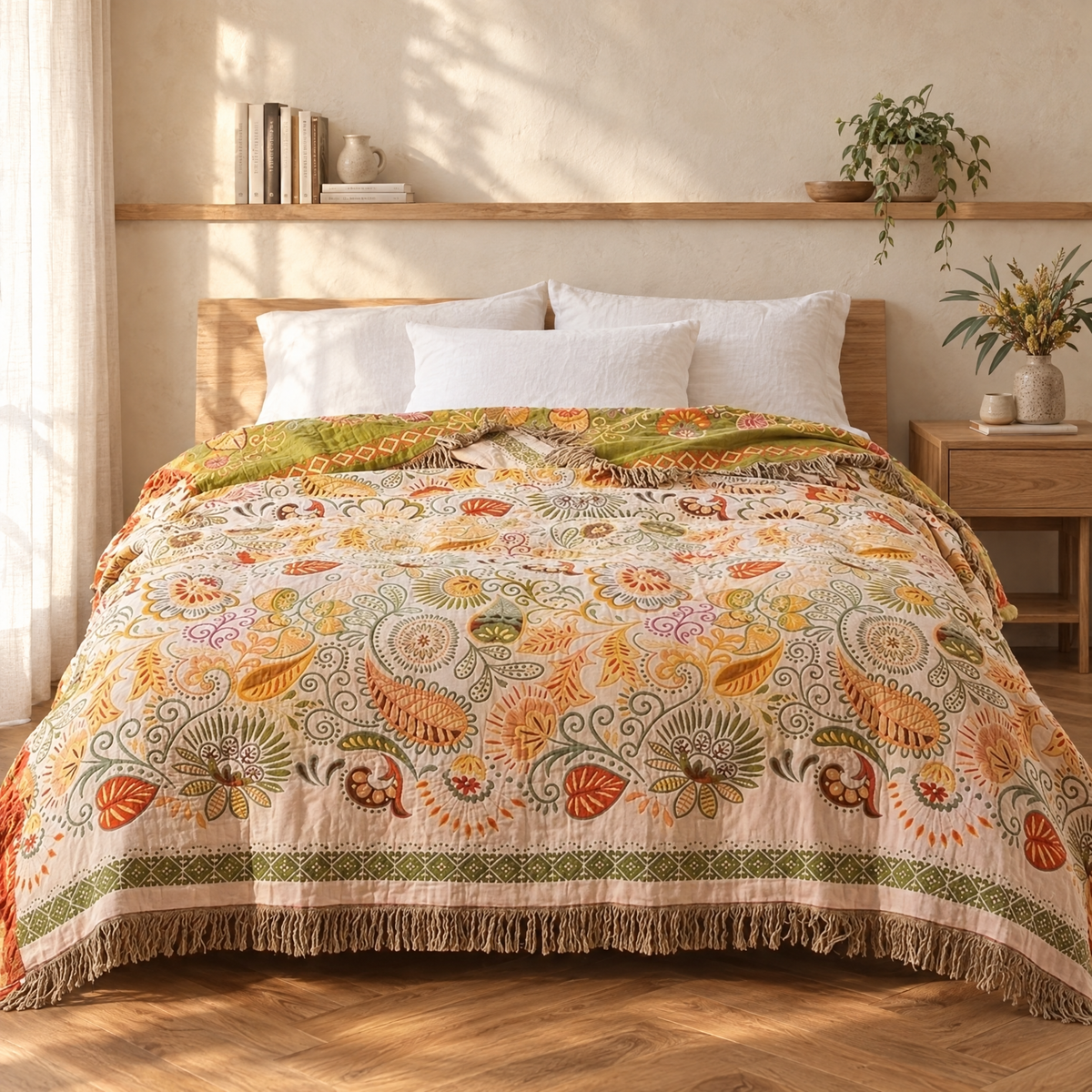 Blom Reversible Cotton Gauze Blanket on a bed