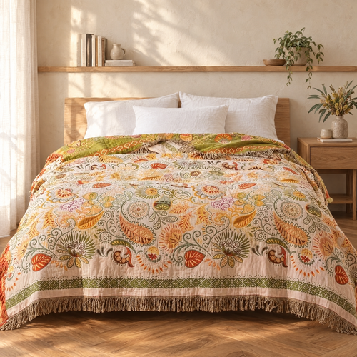 Blom Reversible Cotton Gauze Blanket on a bed
