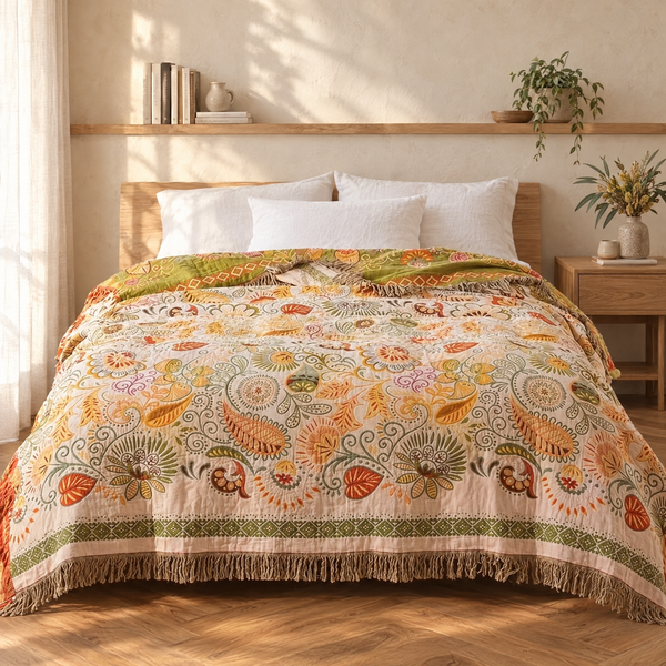 Blom Reversible Cotton Gauze Blanket on a bed