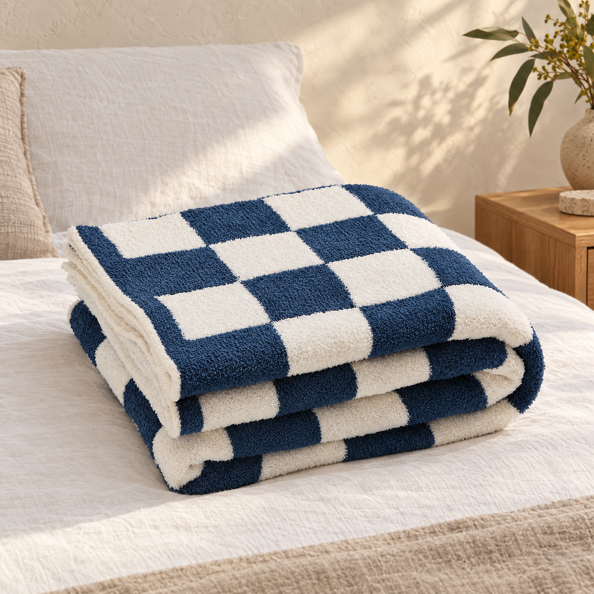 Ruta Checkered Plaid Blanket folded on a bed