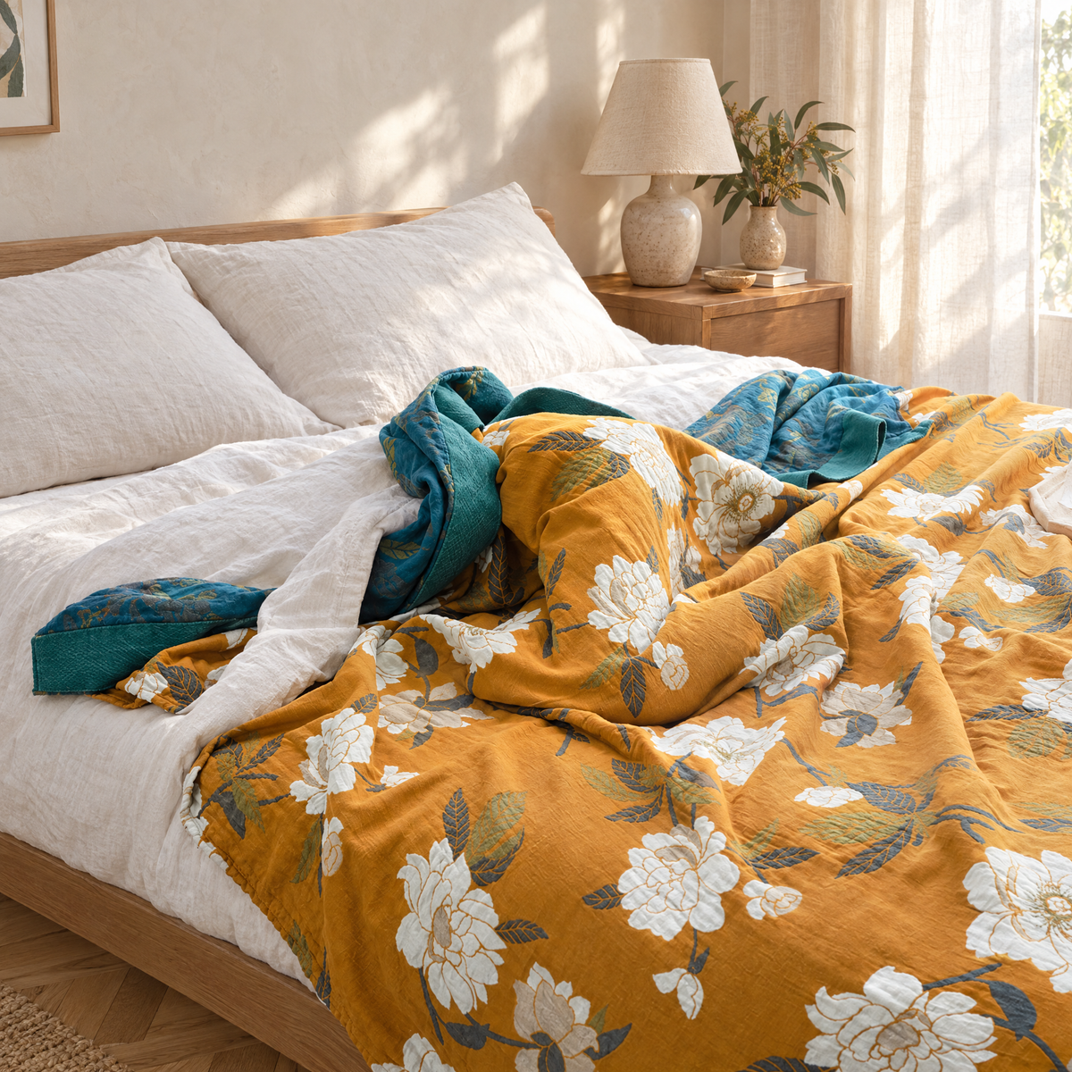 Sol Reversible Floral Cotton Quilt on a bed