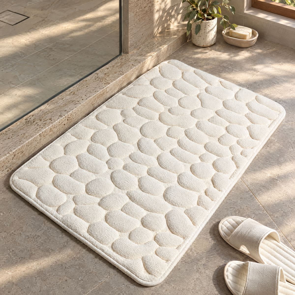 Soft pebble non-slip shower mat in a stone bathroom