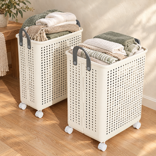 Foldable rolling laundry baskets with linen on an oak floor