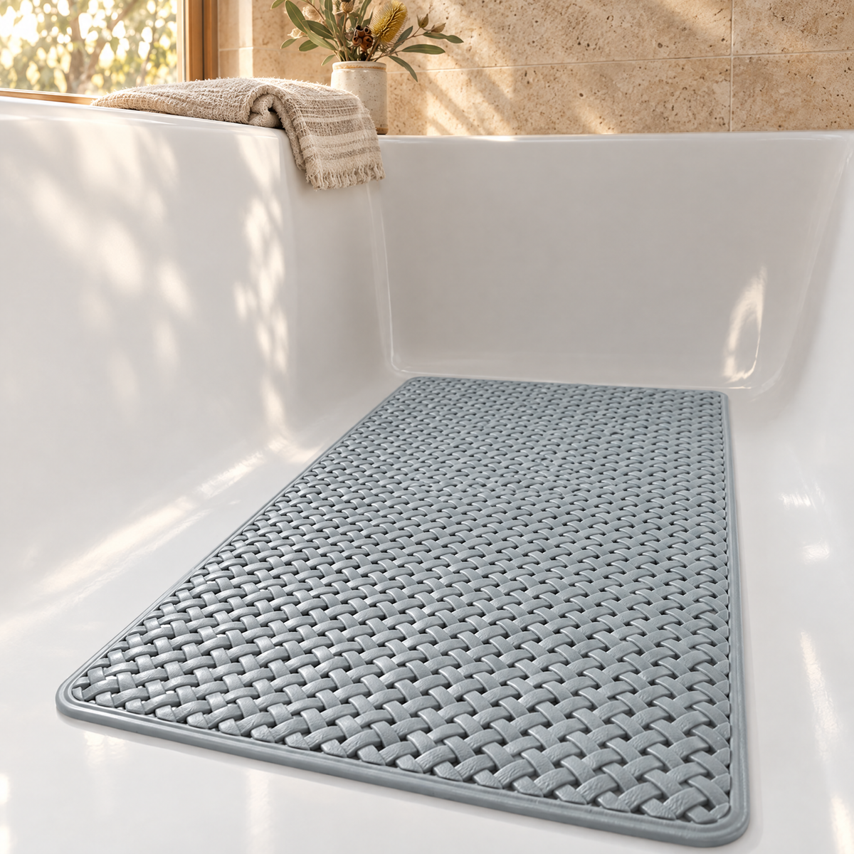 Non-slip bathtub mat with suction cups in a bathtub