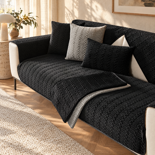 Sammet black velvet sofa cover in a sunlit Sydney living room
