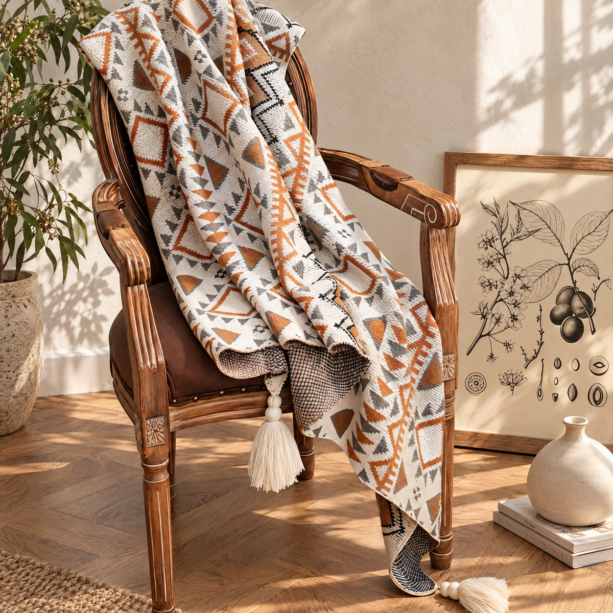Fjell geometric fleece throw on a timber armchair