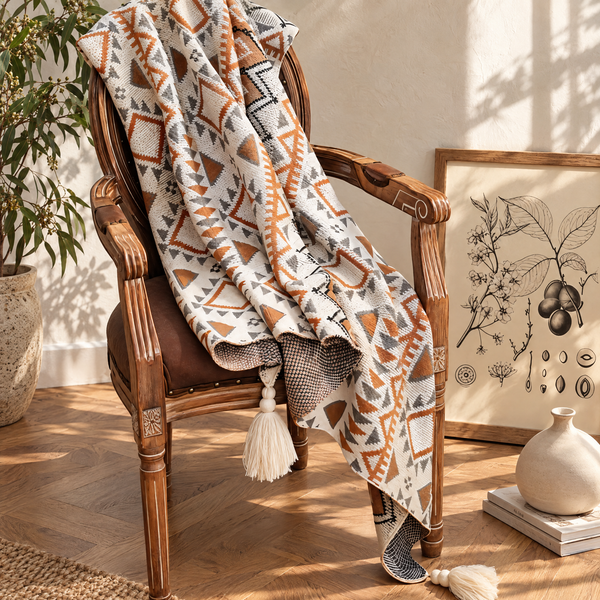 Fjell geometric fleece throw on a timber armchair