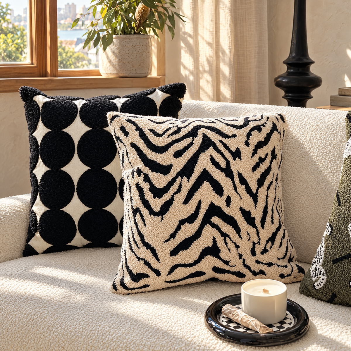 Rand tiger stripe cushion on a boucle sofa