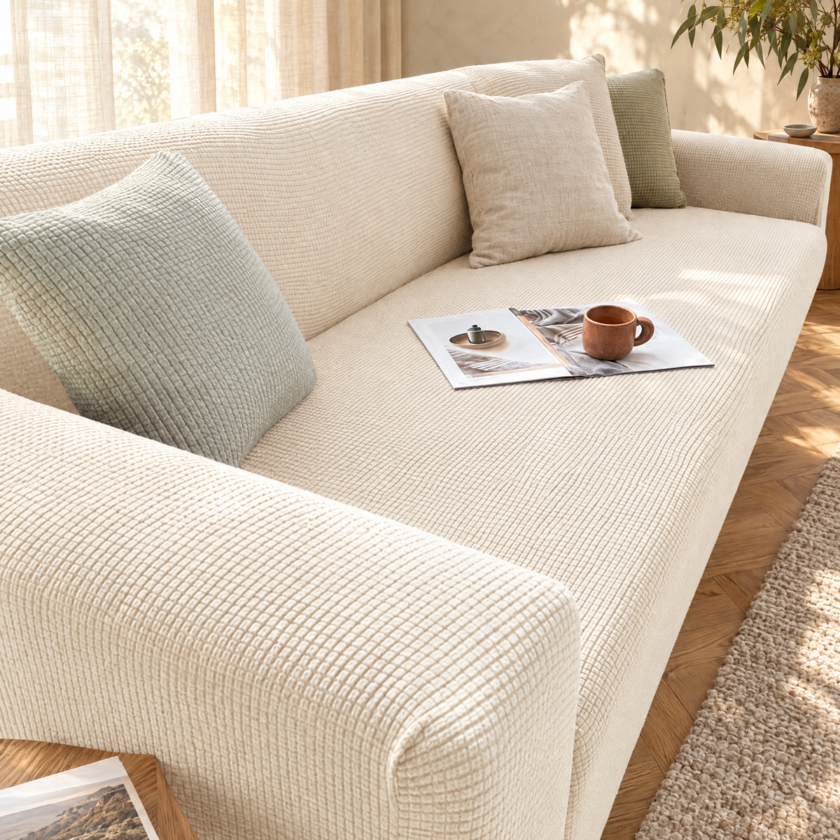 Vakt cream stretch sofa protector cover