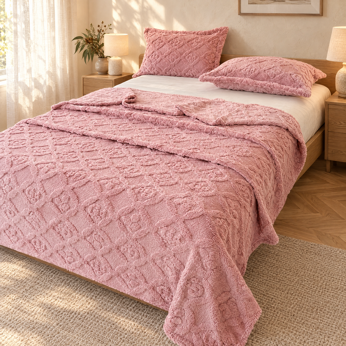 Blad pink leaf embroidered fleece blanket on a bed