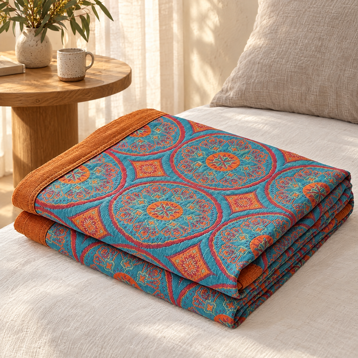 Sommar reversible cotton blanket folded on a bed