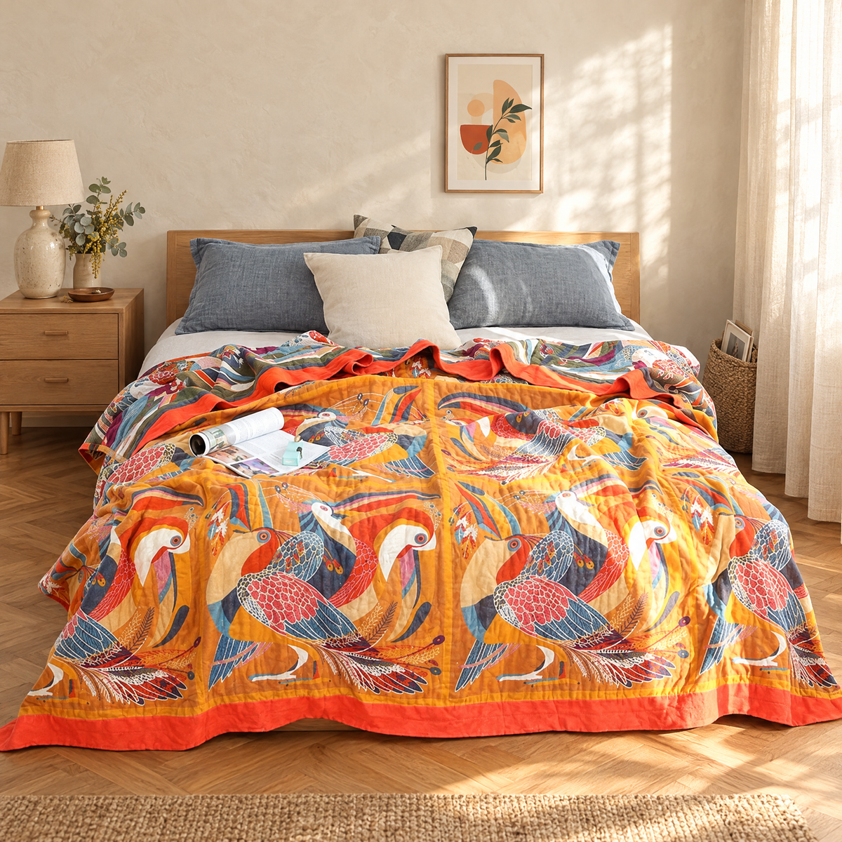 Tukan toucan print quilt on a kids bed