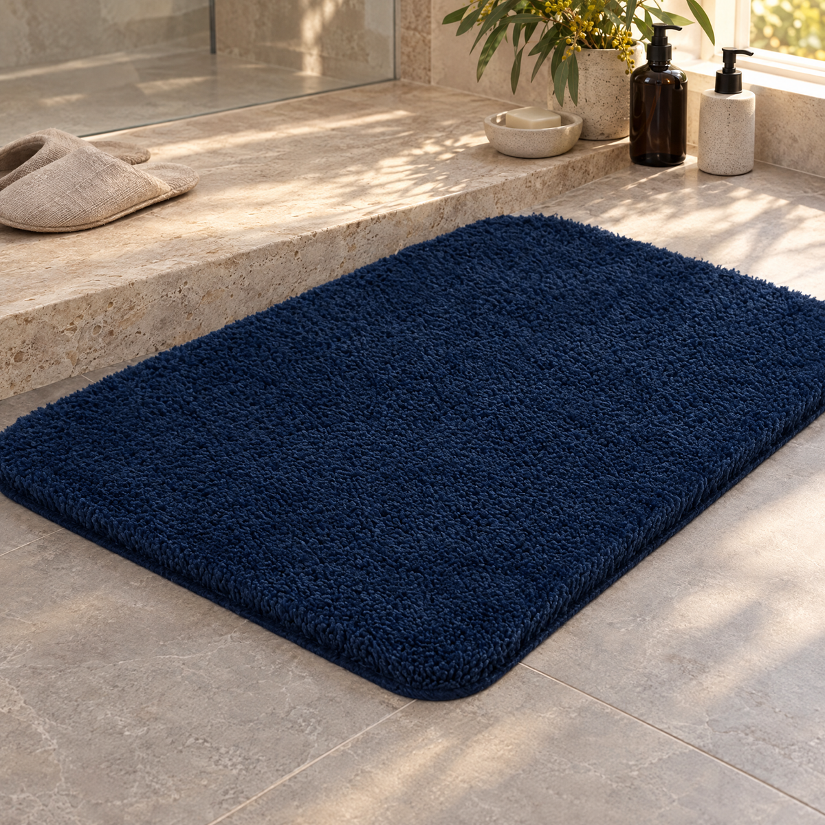 Navy plush shaggy bath rug beside a shower
