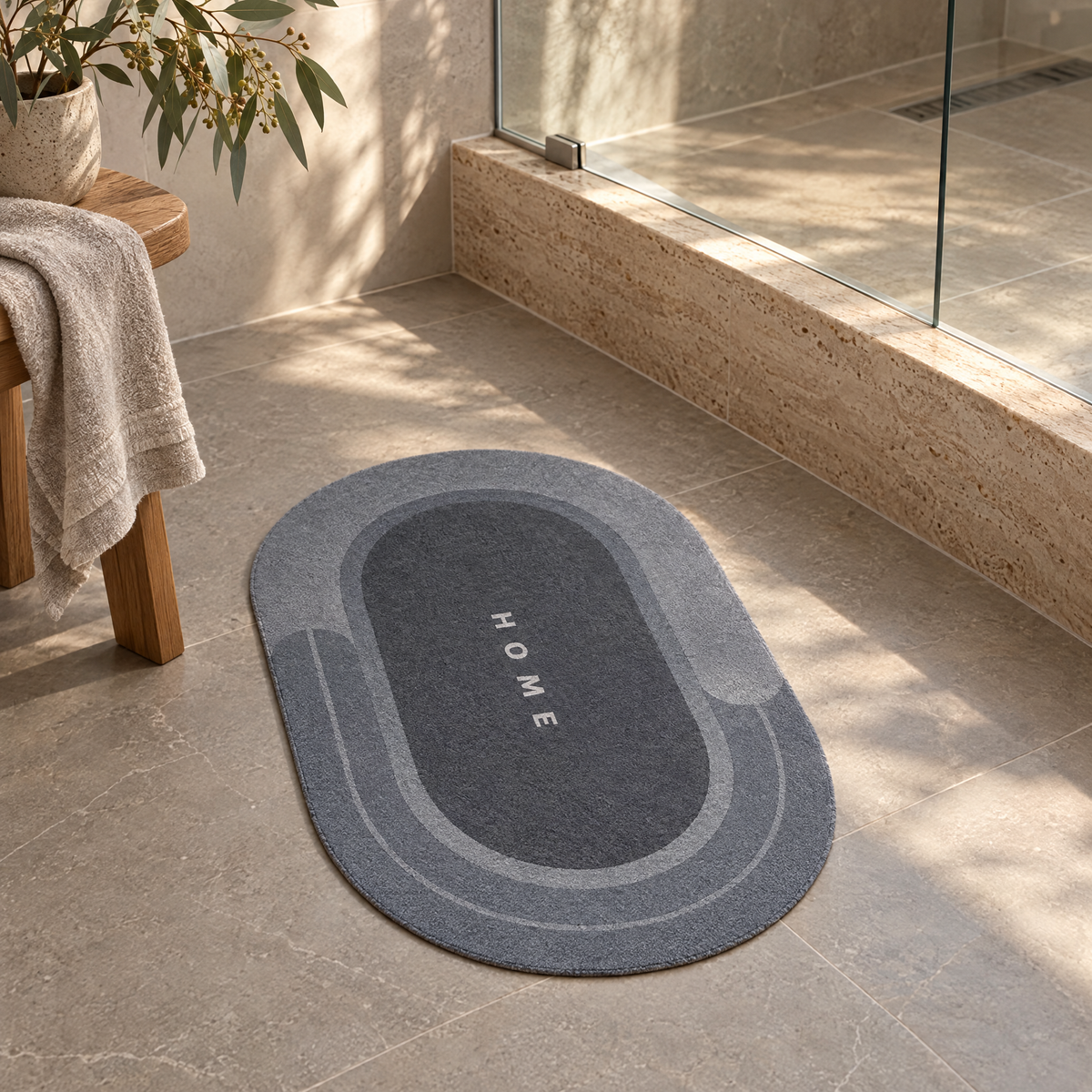 Super absorbent oval bath mat outside a shower