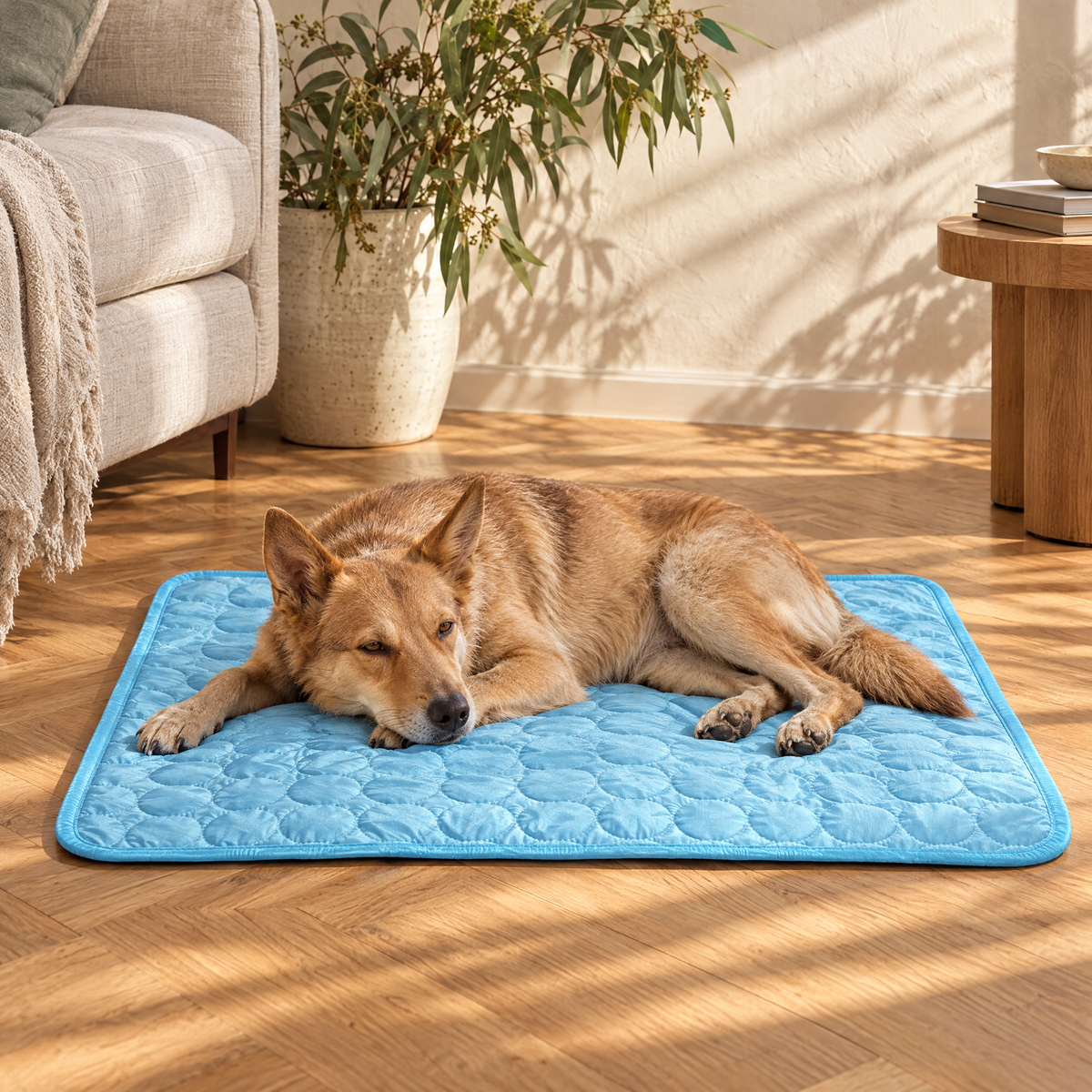 Kelpie dog resting on a pet cooling mat in a sunlit Sydney living room