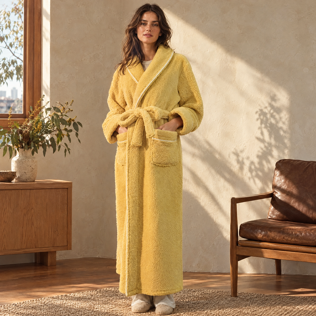 Fleece dressing gown worn in a Sydney home