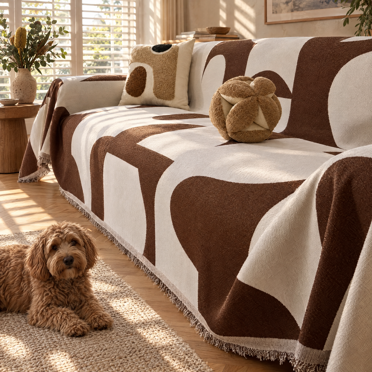 Boho chenille jacquard couch cover in a Sydney home