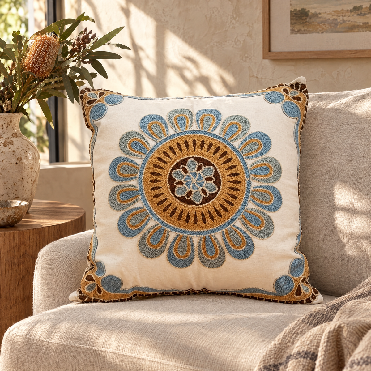 Embroidered floral cushion cover in a Sydney home
