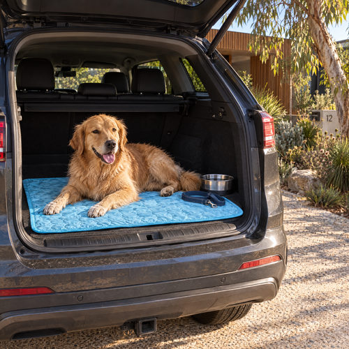 Golden retriever on a blue pet cooling mat in the boot of an SUV on a Sydney driveway