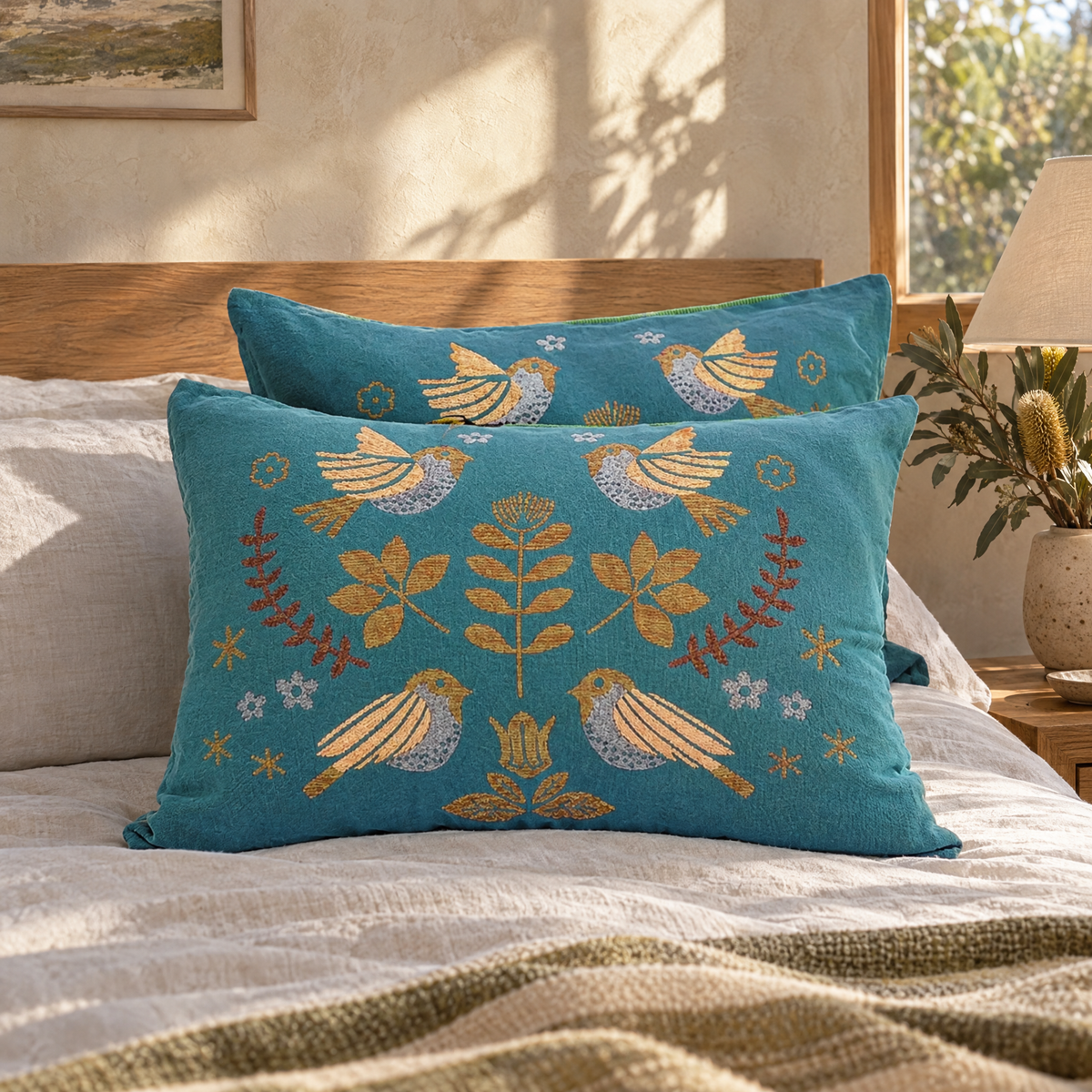 Songbird bird print cotton pillowcases in a Sydney bedroom