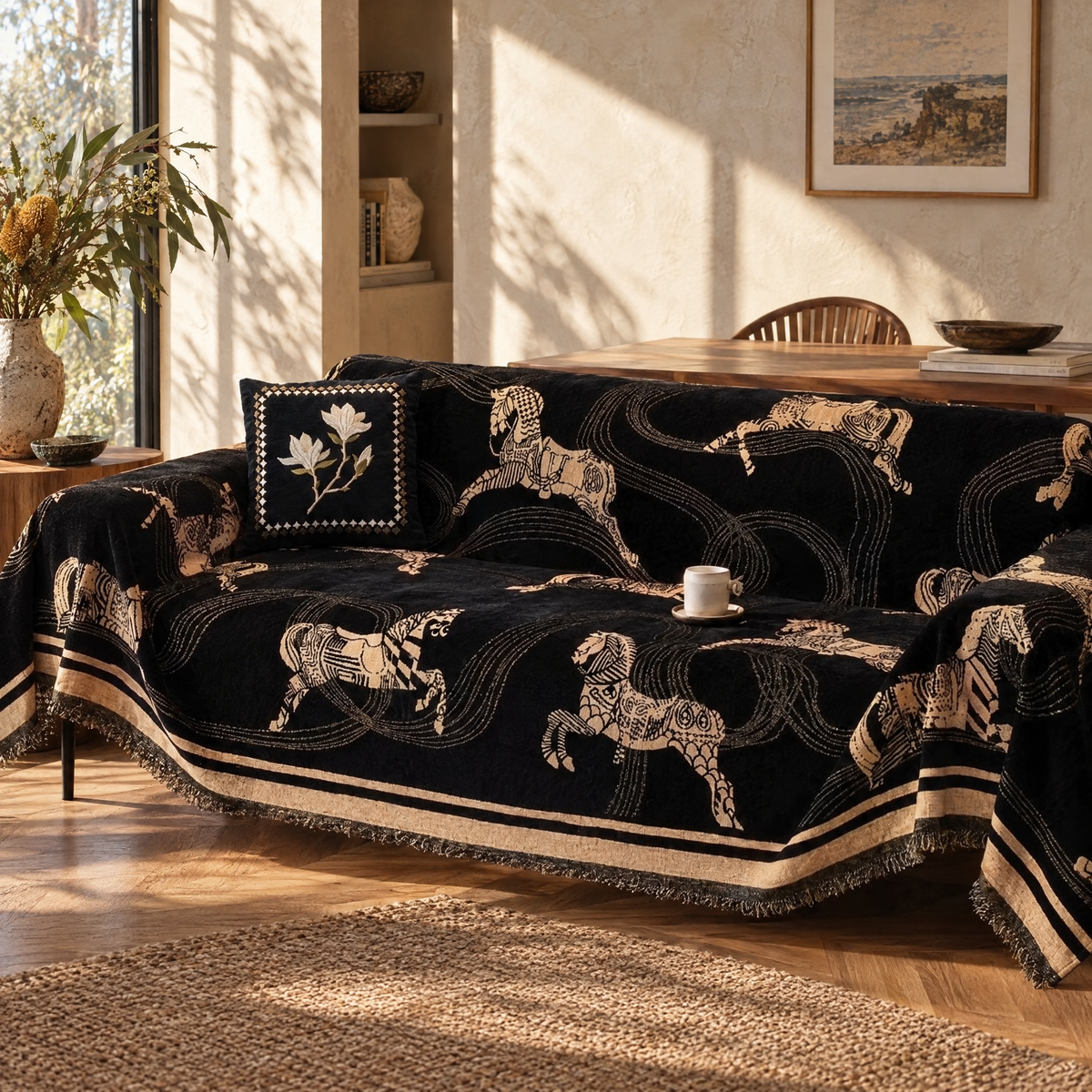 Horse print chenille couch cover in a Sydney living room