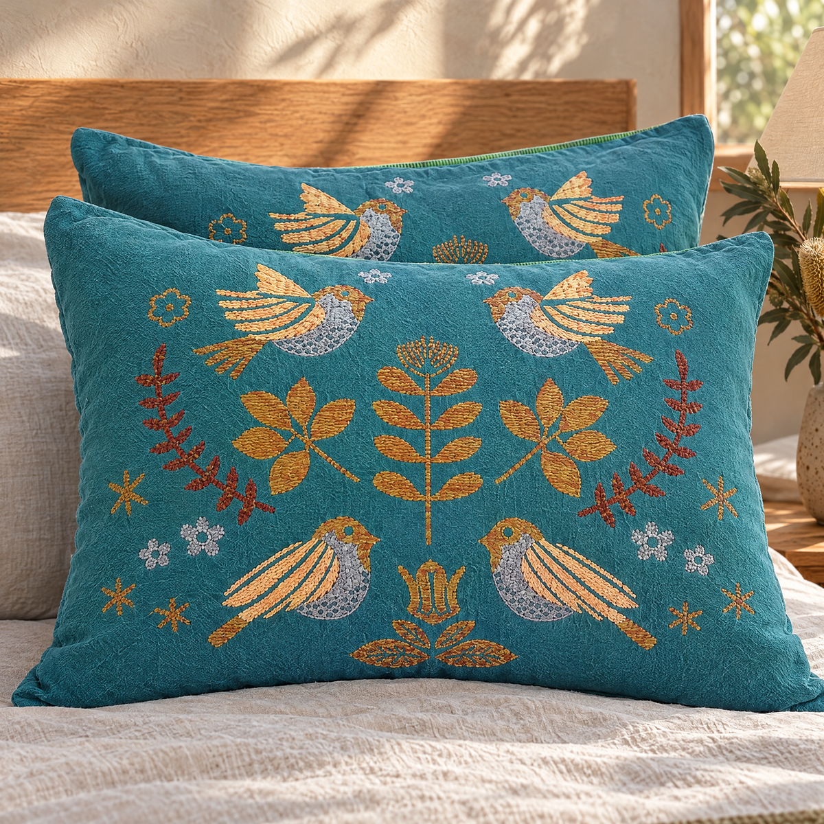 Songbird bird print cotton pillowcases close-up on a bed