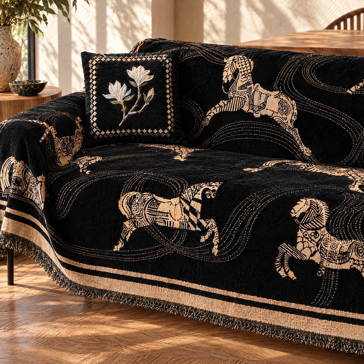 Horse print chenille couch cover close-up on a sofa