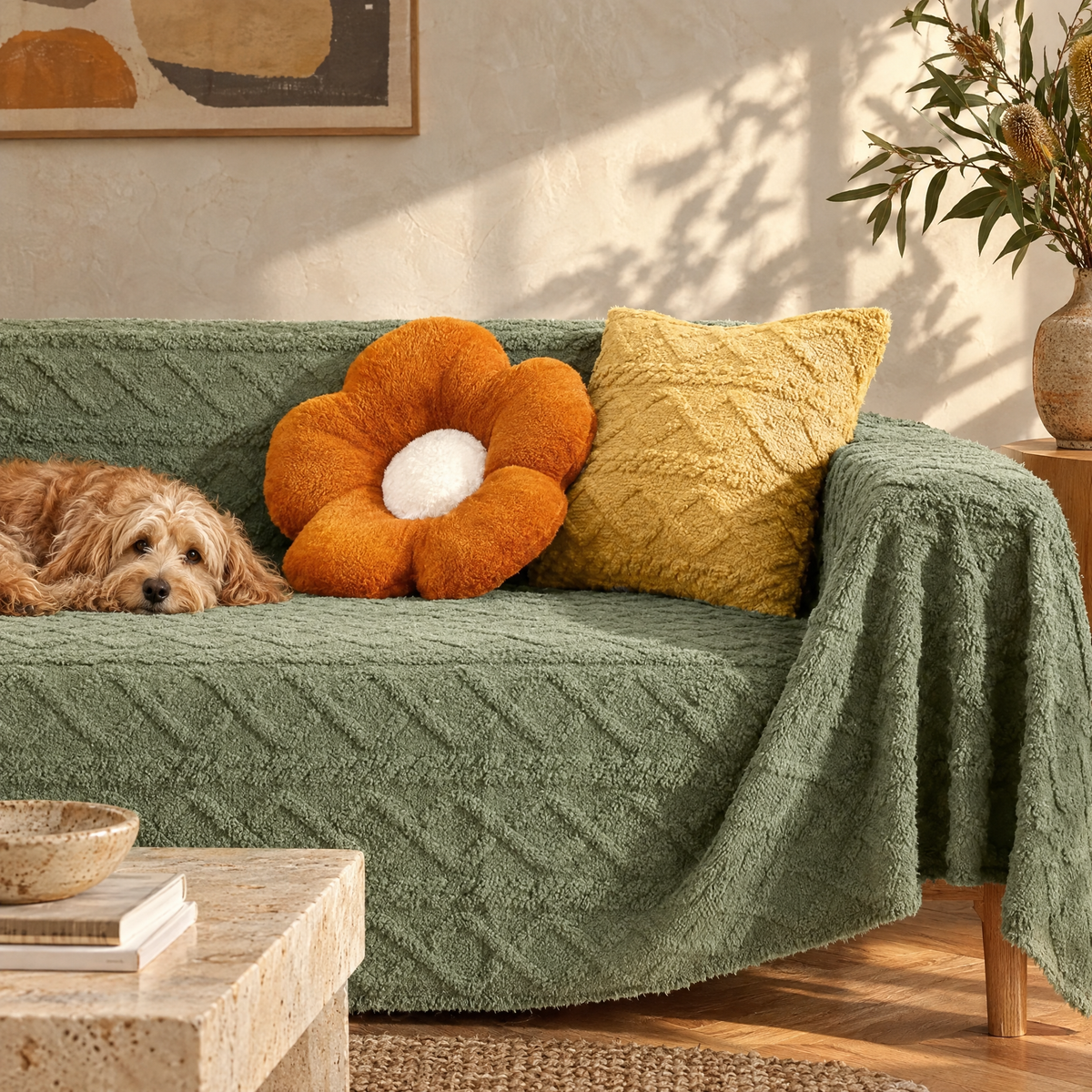 Waffle velvet couch cover in a Sydney home