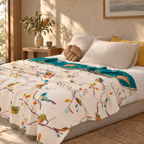 Bird print tassel cotton blanket in a Sydney home