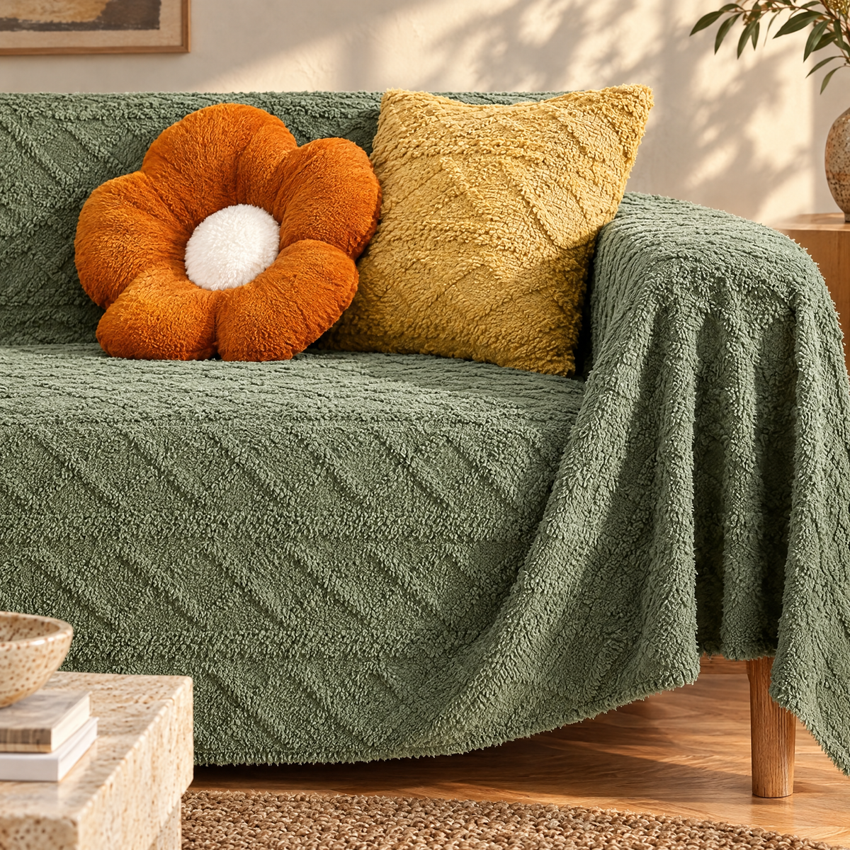 Waffle velvet couch cover close-up
