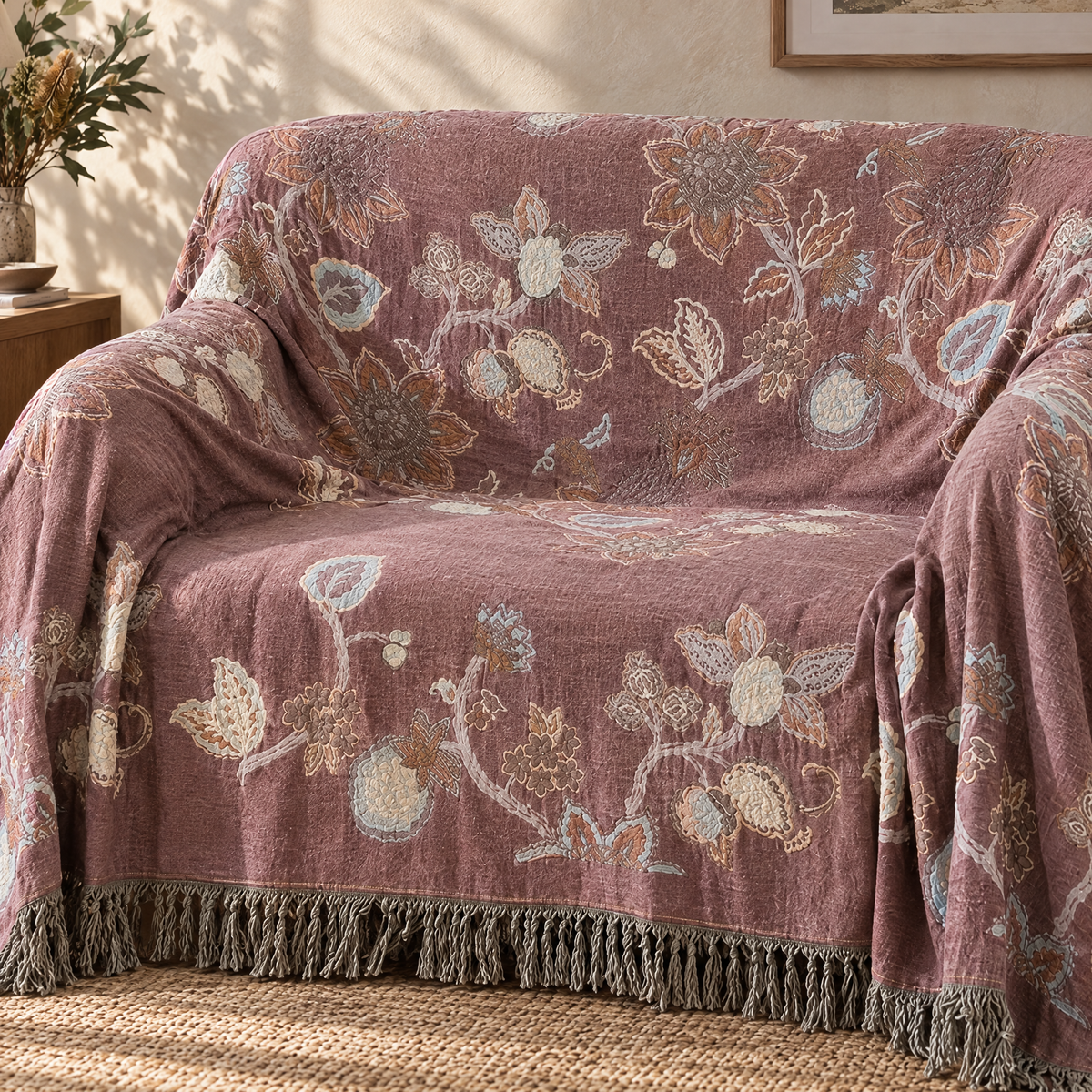 Orchid jacquard tassel bedspread close-up