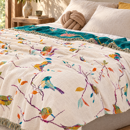 Bird print tassel cotton blanket close-up