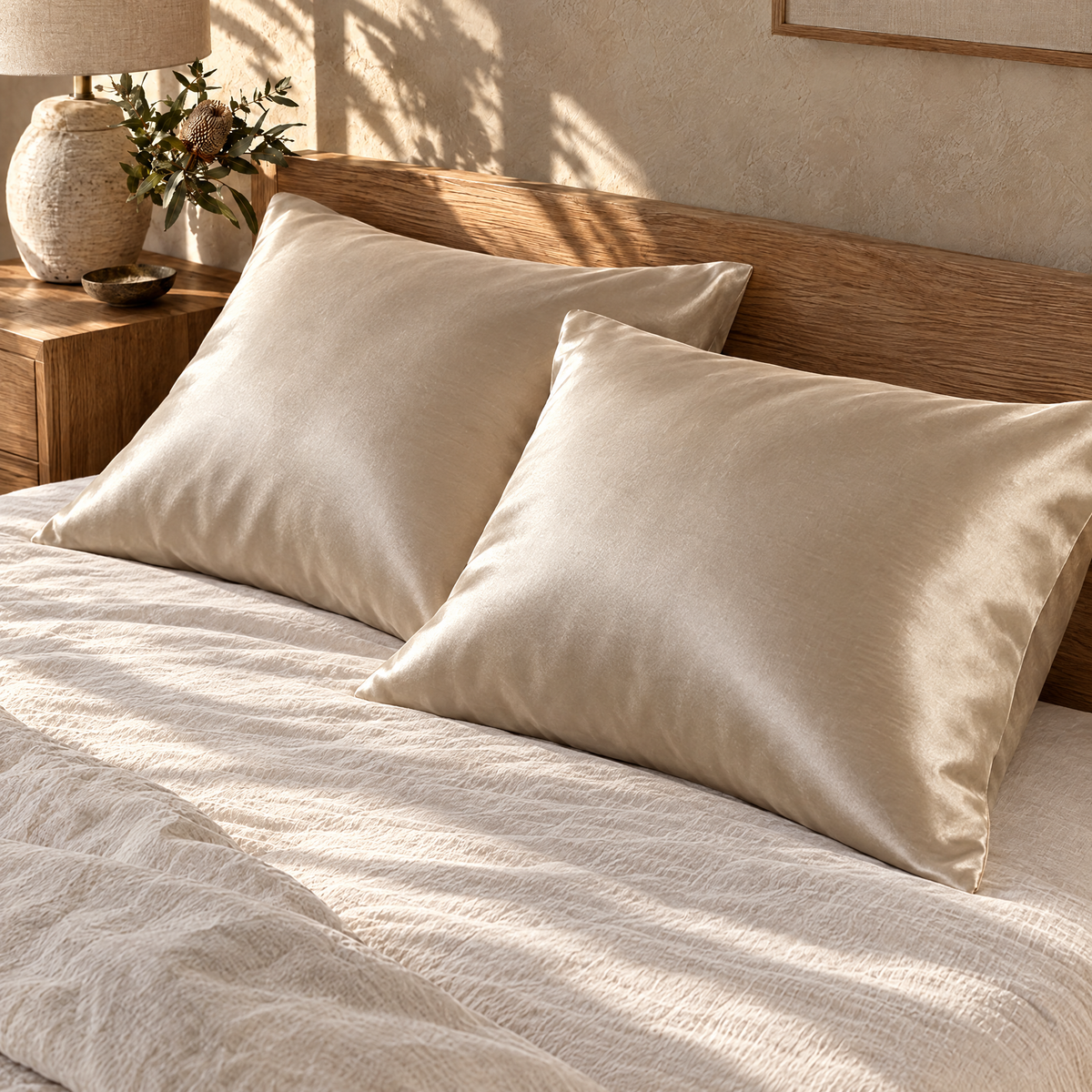 Silk pillowcases on pillows in a Sydney bedroom v2