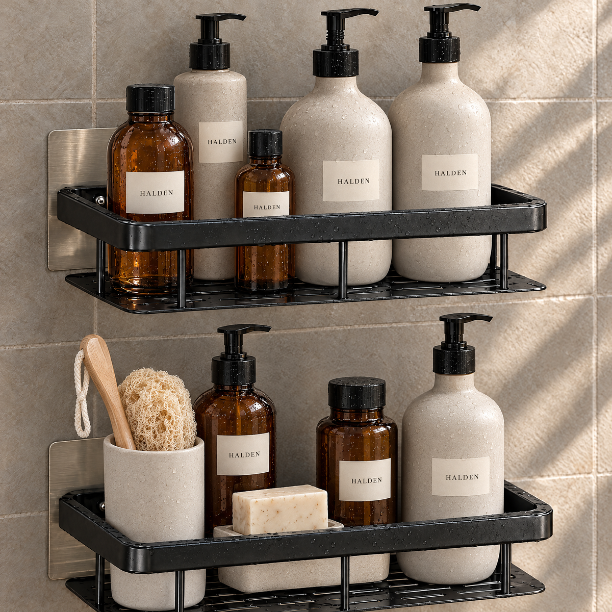 Drill-free shower caddy shelf close-up v2