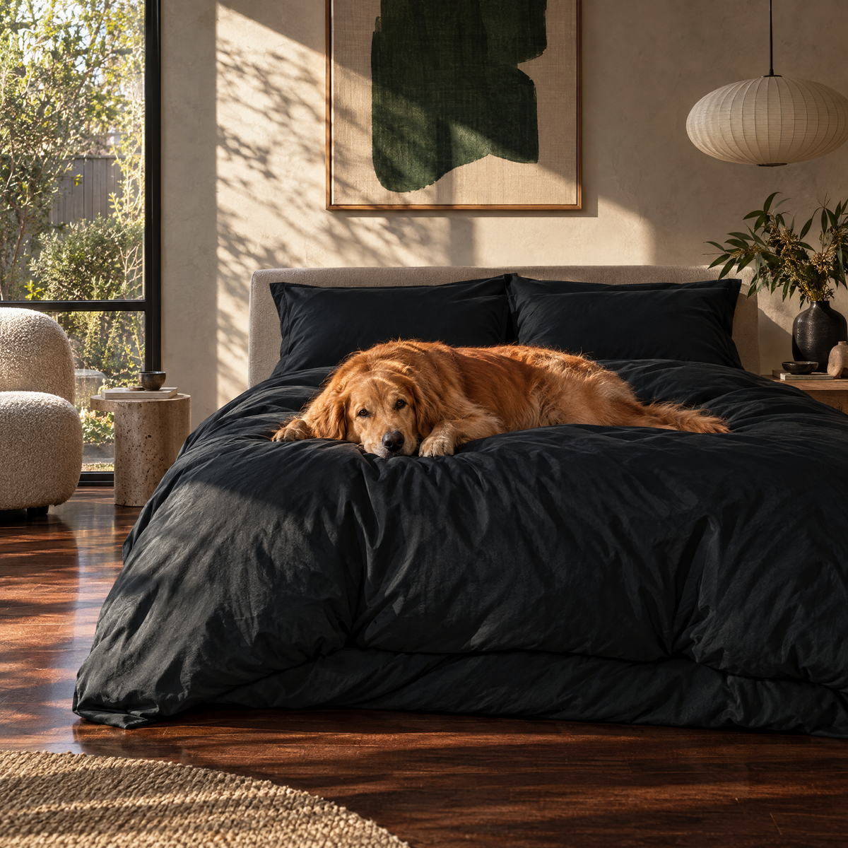ShedShield Quilt Cover in Starry night black with golden retriever on bed